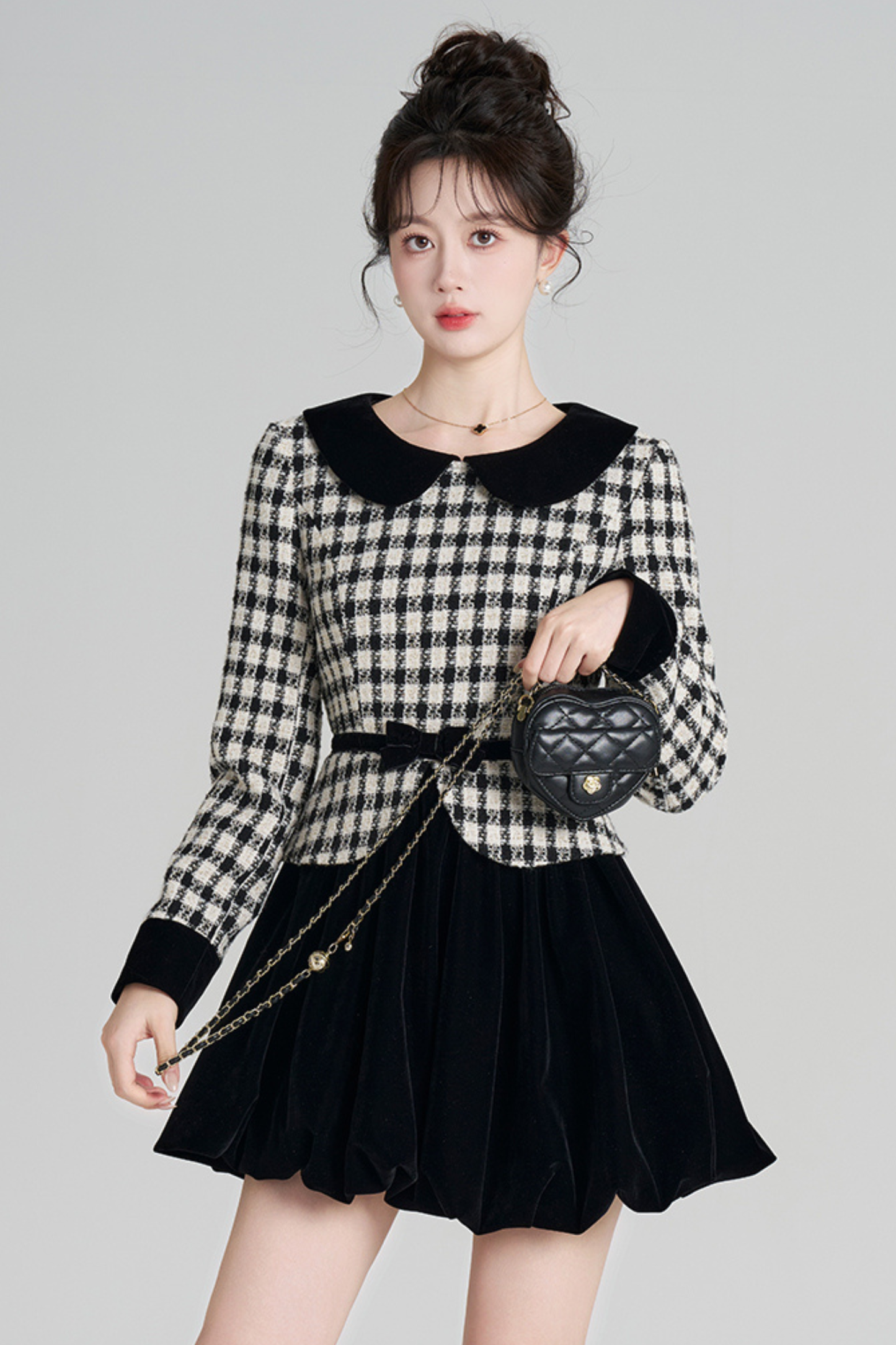 Velvet Monochrome Plaid Dress