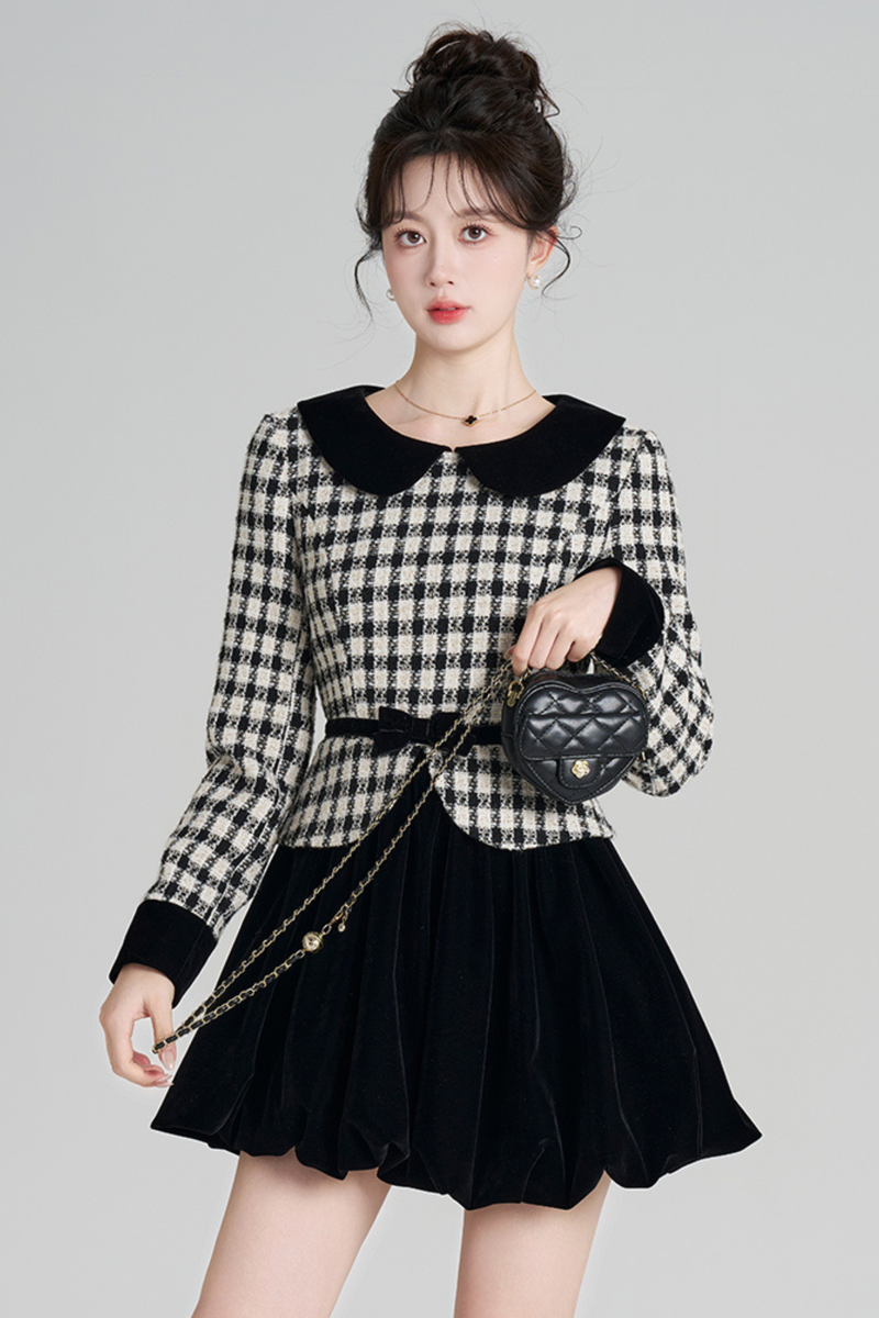 Velvet Monochrome Plaid Dress