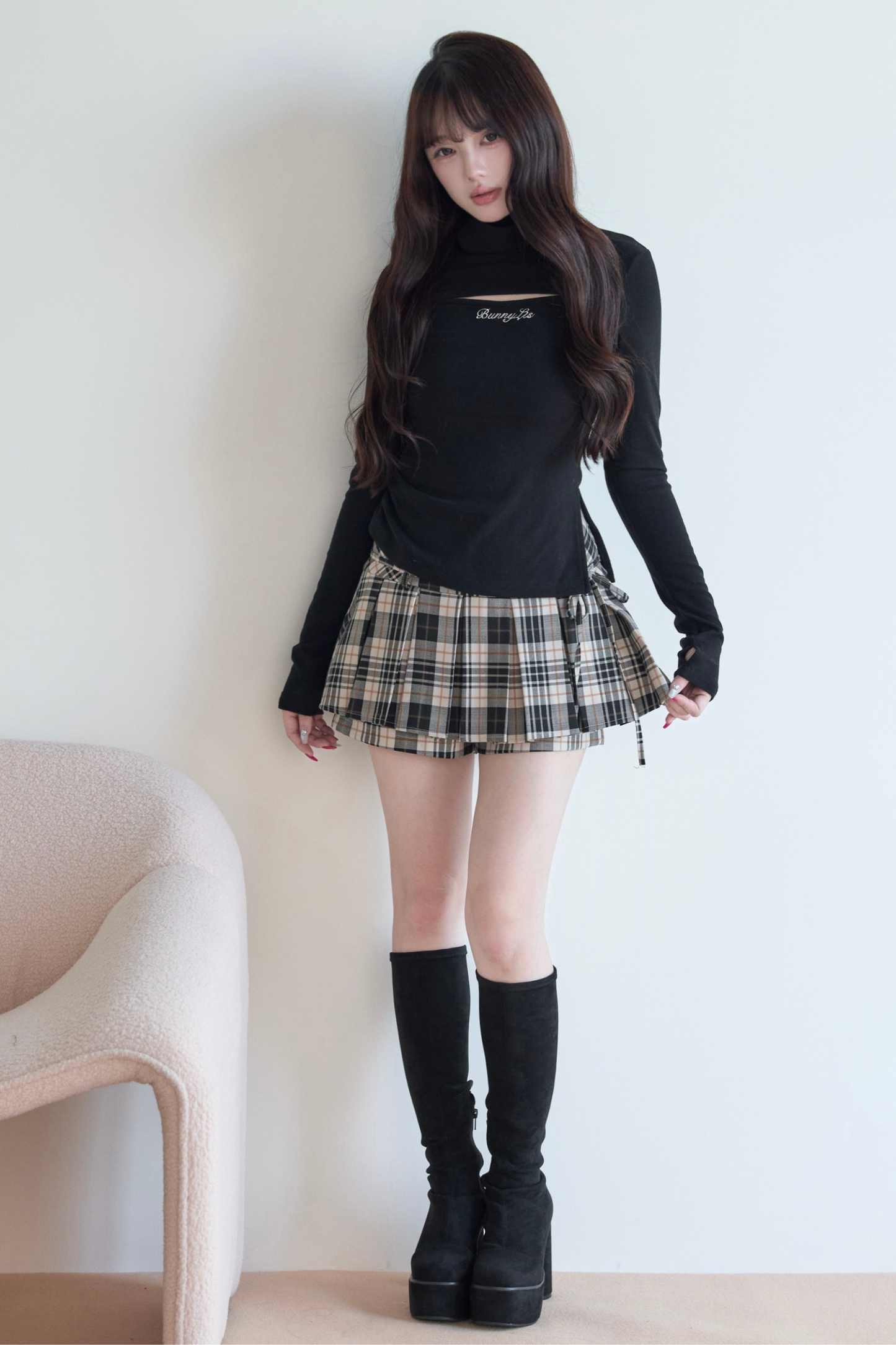 High Neck Knit Top + Plaid Skirt
