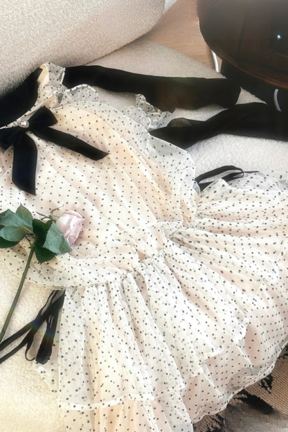 Off Shoulder Polka Dot Ribbon Dress