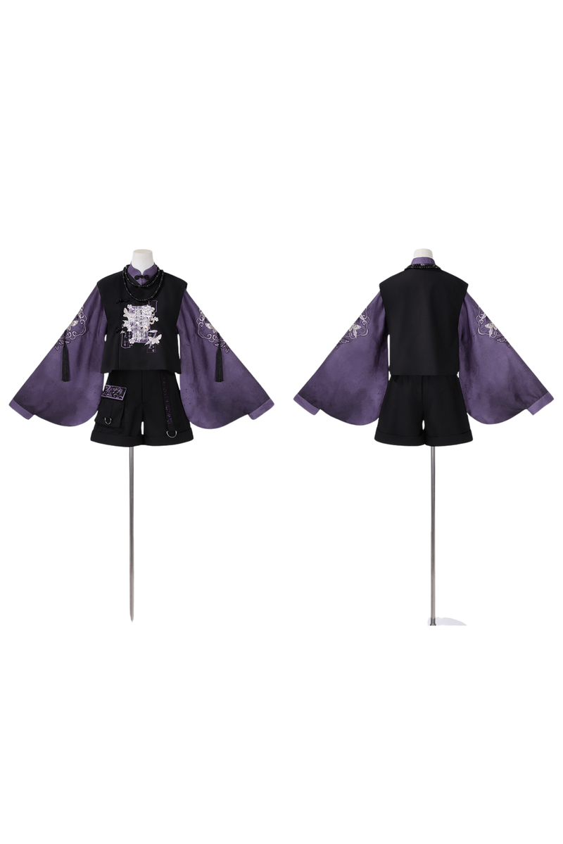 Dark Chinese-style Top + Vest + Shorts + Necklace