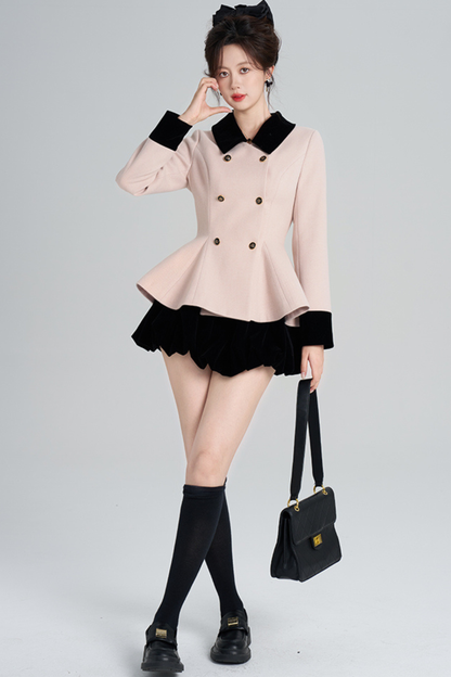 French Sweet Pink Flare Coat + Skirt