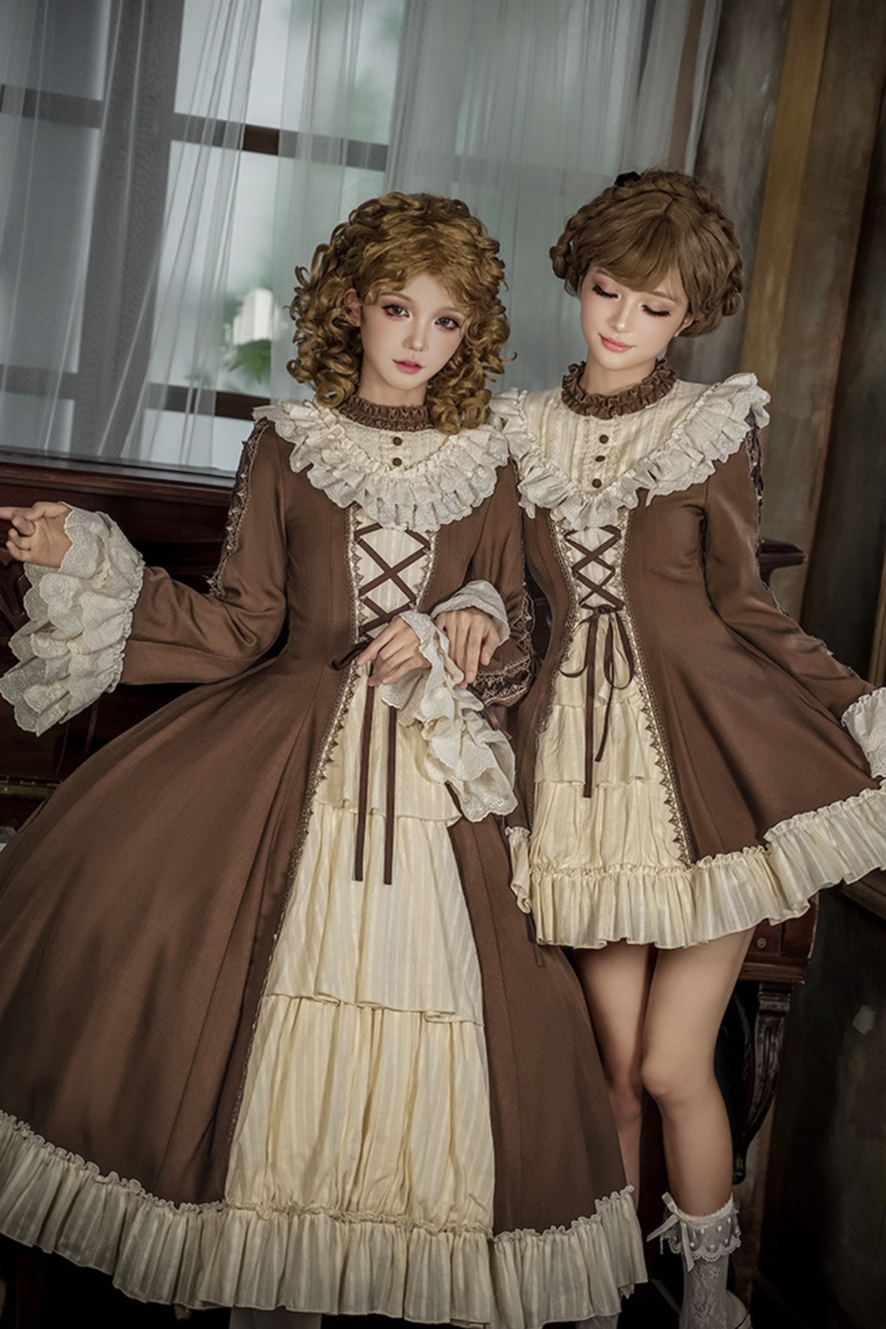 Lace Stand Collar Flared Sleeve Twin Doll Lolita Dress + Collar + Hat