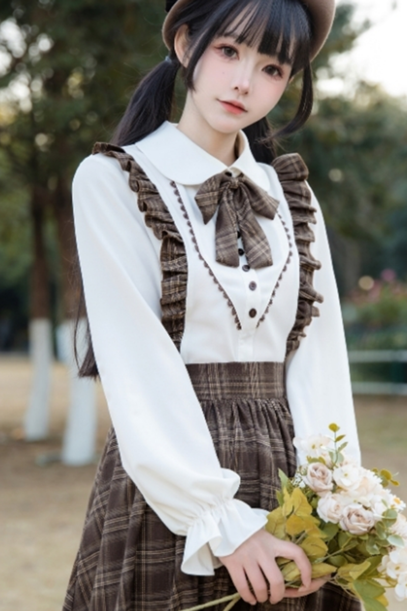 Retro Girly Plaid Skirt + Ruffle Blouse