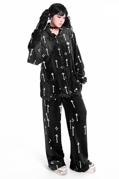 Gothic Cross Flannel Nightgown Coat + Loose Pants + Jacket