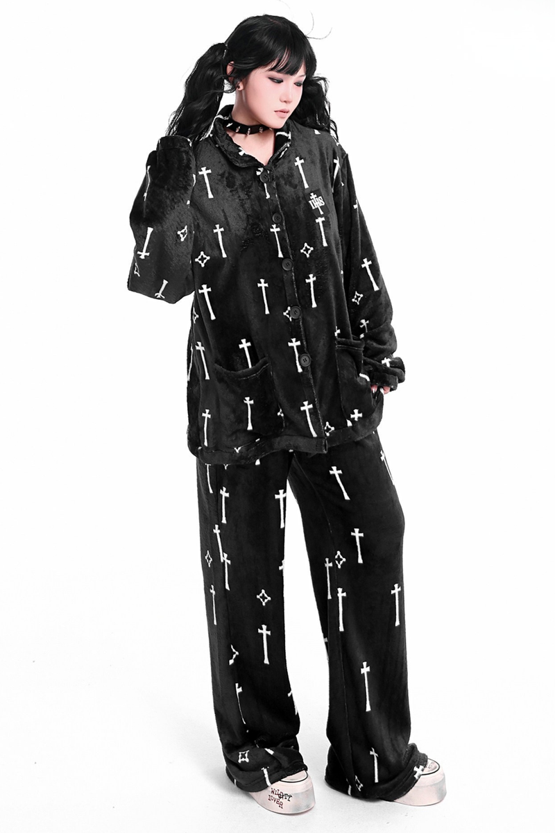 Gothic Cross Flannel Nightgown Coat + Loose Pants + Jacket