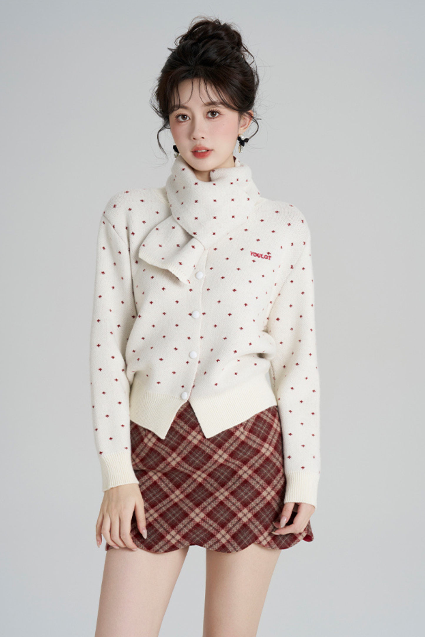 French Style Dotted Cardigan With Scarf