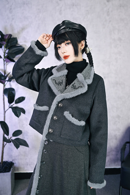 Retro Mode Faux Fur Short Jacket + Skirt
