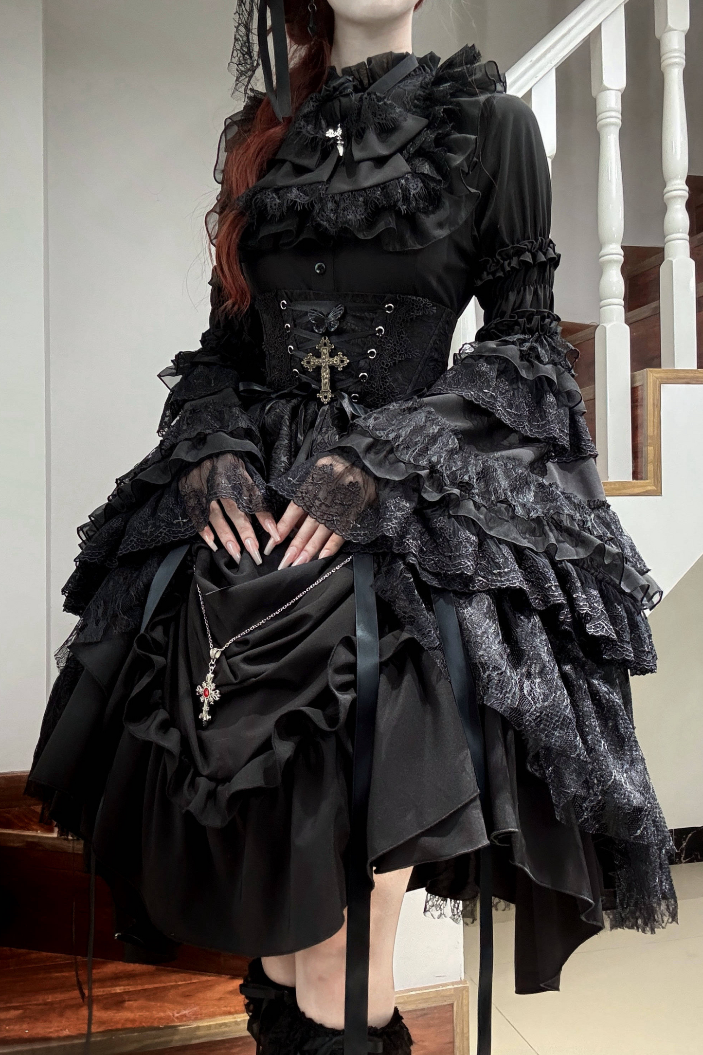 Gothic Super Jisleeve Lolita Shirt + Ruffle Skirt + Hat