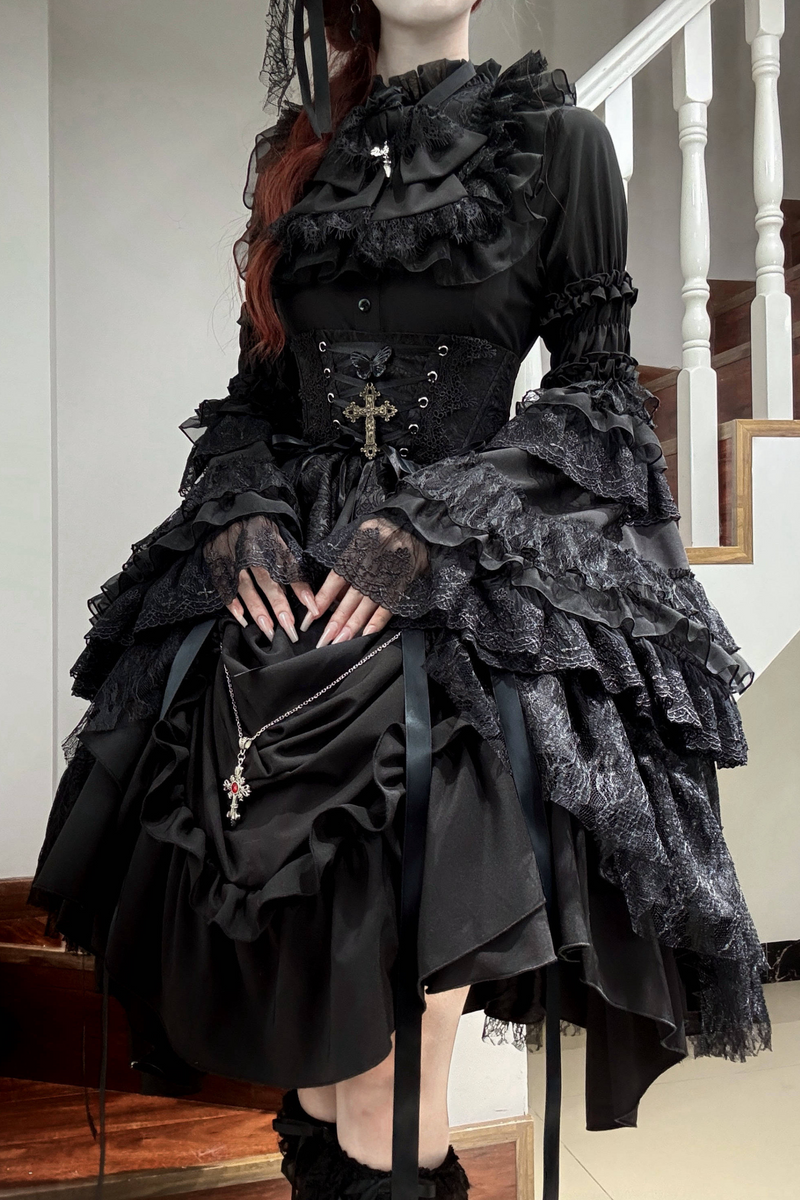 Gothic Super Jisleeve Lolita Shirt + Ruffle Skirt + Hat