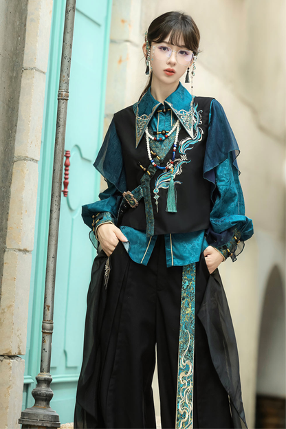 Ruan Chinese-style Top + Vest + Wide Leg Pants + Necklace