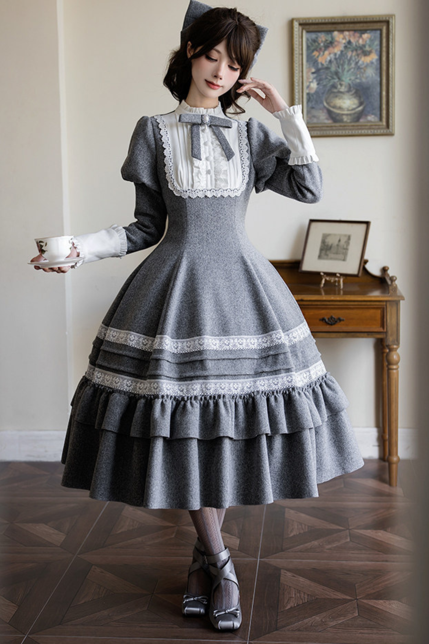 Ruffled Cape Coat + Dress + Hair Accessories + Brooch