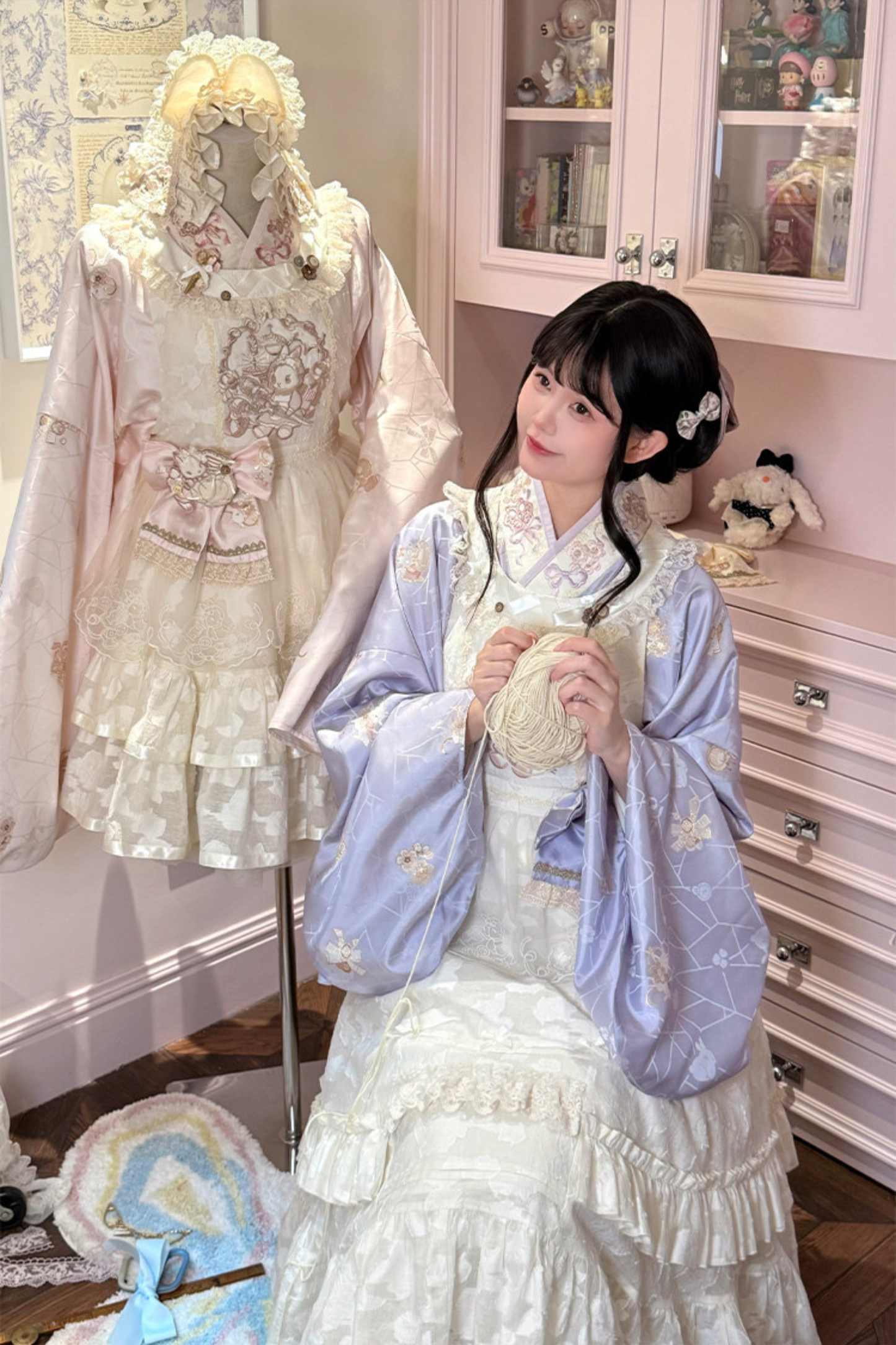 Chinese-style Pastel Top + Apron + Bow + Necklace + Brooch + Hair Accessories