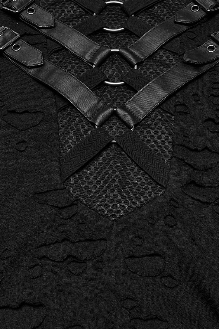 Black Short Sleeves Stitching Mesh Ripped Strap Punk T-shirt