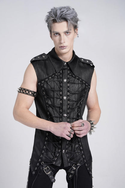 Black Sleeveless Studded Lace-up Gothic Blouse