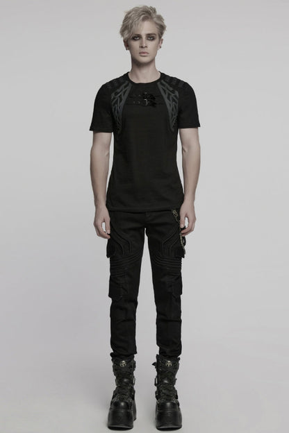 Black Round Collar Short Sleeves Studded Buckle Strap Punk T-shirt