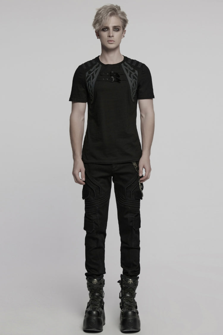 Black Round Collar Short Sleeves Studded Buckle Strap Punk T-shirt