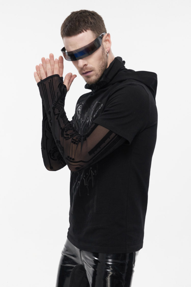 Black Paneled Mesh Long Sleeve Super High Collar Masked Circuit Diagram Printed Hooded Knitted Punk T-shirt