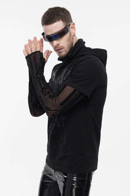 Black Paneled Mesh Long Sleeve Super High Collar Masked Circuit Diagram Printed Hooded Knitted Punk T-shirt