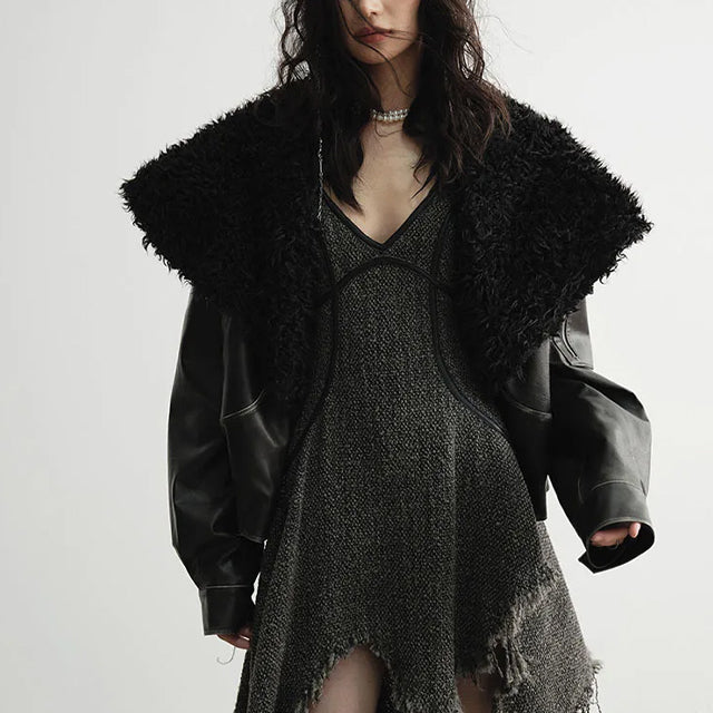 Faux Fur Leather Jacket Black