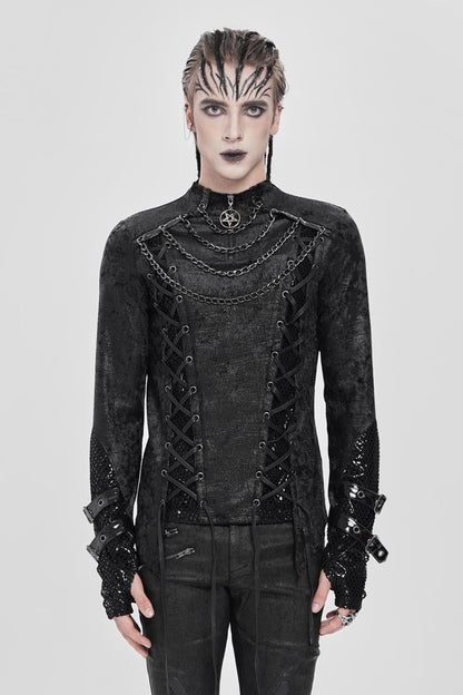 Black Stitching Lace-up Mesh Chain Punk Blouse
