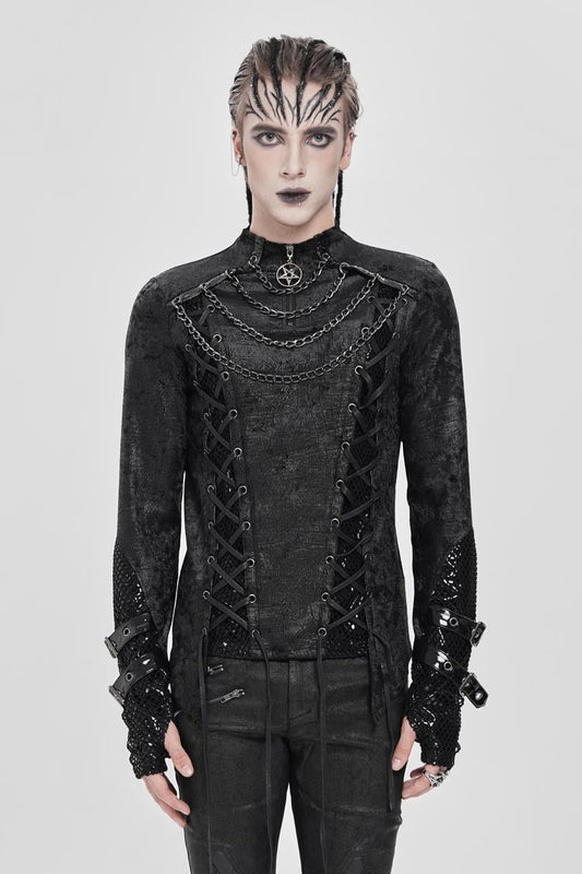 Black Stitching Lace-up Mesh Chain Punk Blouse