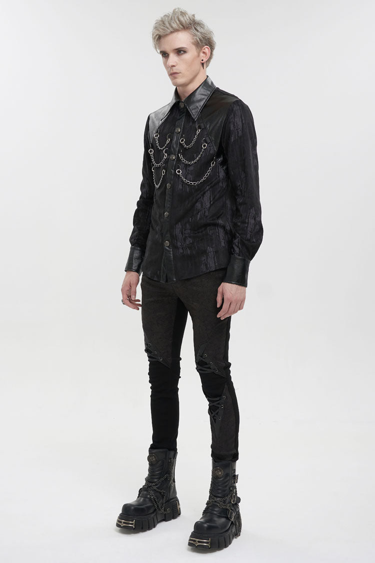 Black Ribbed Metal Chain Hand-painted Velveteen Paneled Leather Punk Shirt