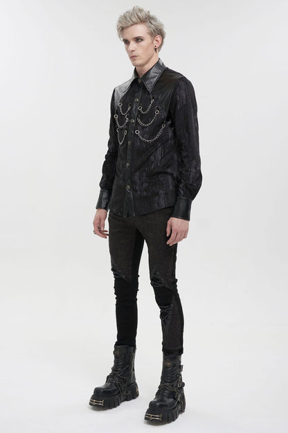 Black Ribbed Metal Chain Hand-painted Velveteen Paneled Leather Punk Shirt