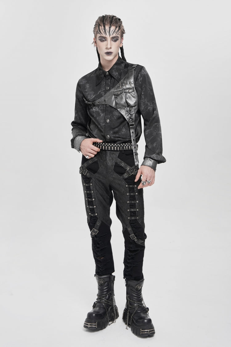 Black Long Sleeves Print Stitching Asymmetric Bullet Punk Blouse