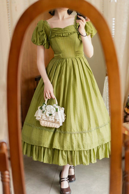 Green [forest Gallery] Square Collar Short Sleeves Ruffled Bow Classic Lolita Dress