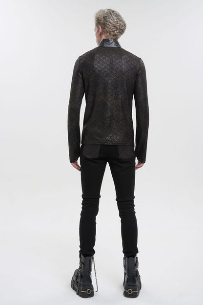 Black Stand Collar Long Sleeves Faux Leather Splice Gothic Shirt