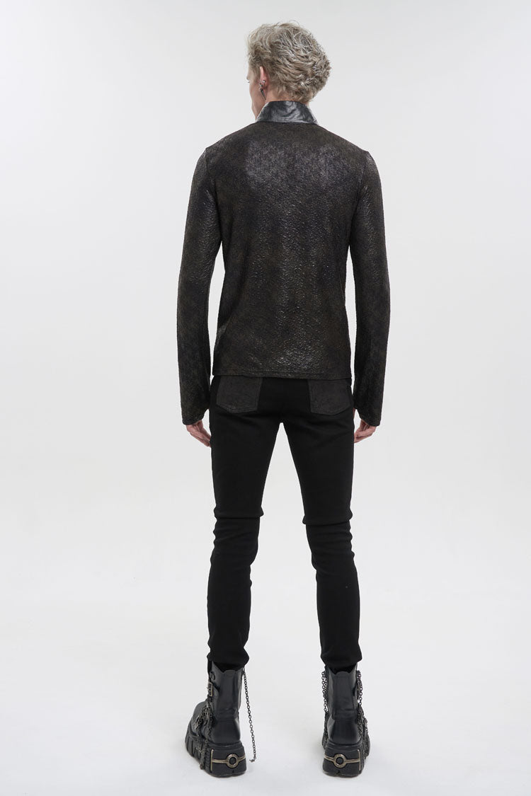 Black Stand Collar Long Sleeves Faux Leather Splice Gothic Shirt