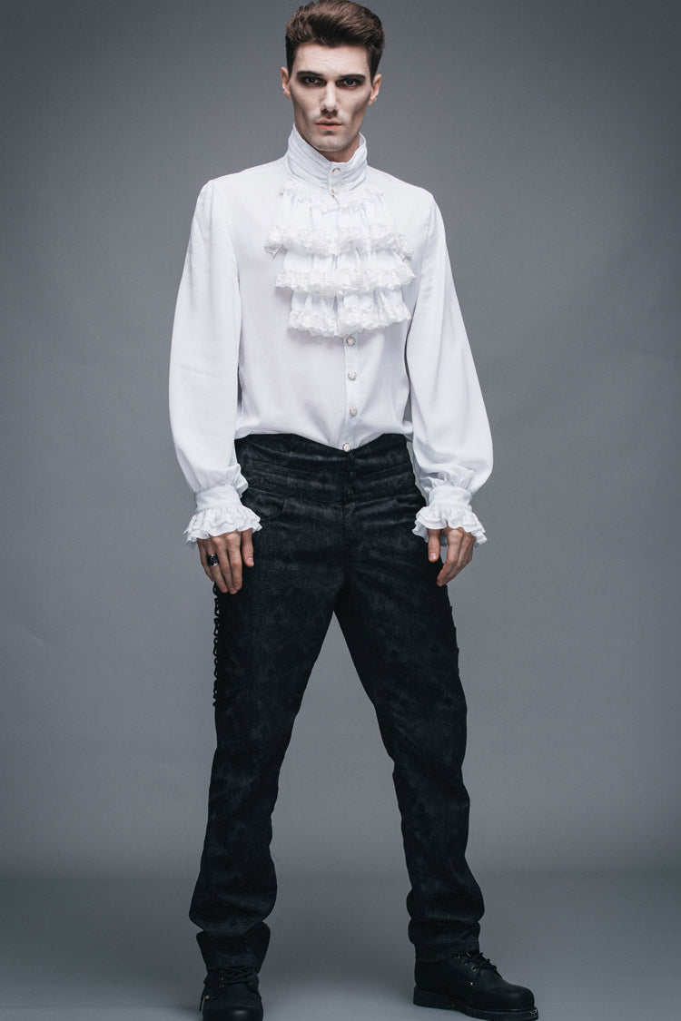 White Ruffled Lace Button-up Micro-bullet Chiffon Long Sleeve Gothic Shirt