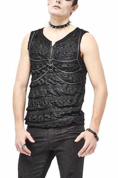 Black Broken Holes Thick Stripes Chest Chain Knit Punk Vest