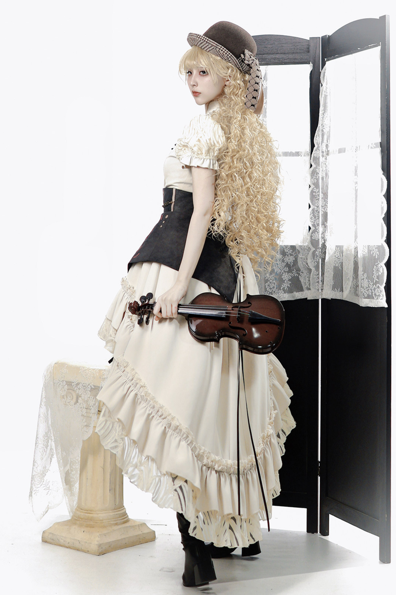 Lolita Puff Sleeve Top + Asymmetrical Skirt + Corset