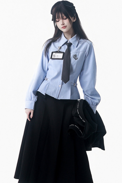 College Blue Shirt + Cardigan + Short Skirt + Long Skirt