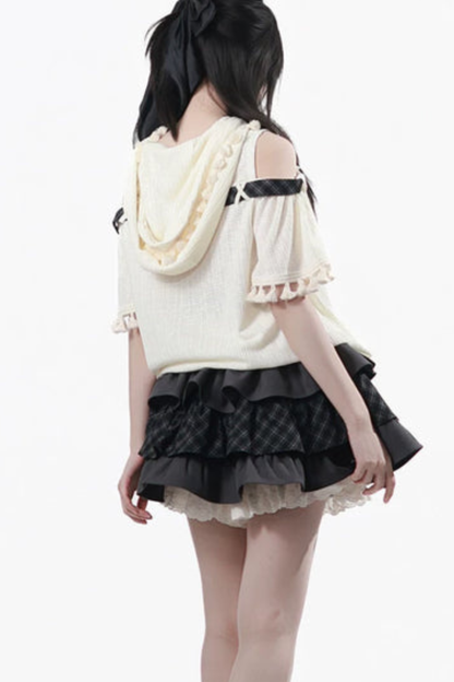Off Shoulder Hoodie Top + Ruffled Top + Tiered Skirt + Camisole