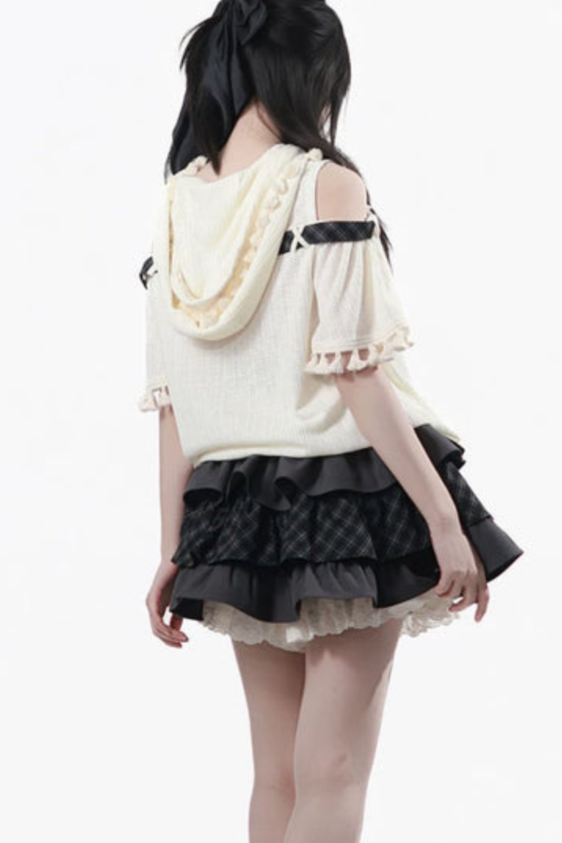 Off Shoulder Hoodie Top + Ruffled Top + Tiered Skirt + Camisole