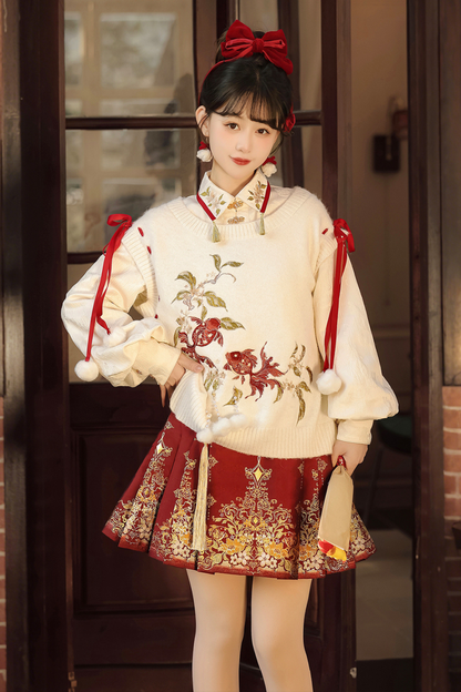 China Snow Knit Vest + Shirt + Skirt