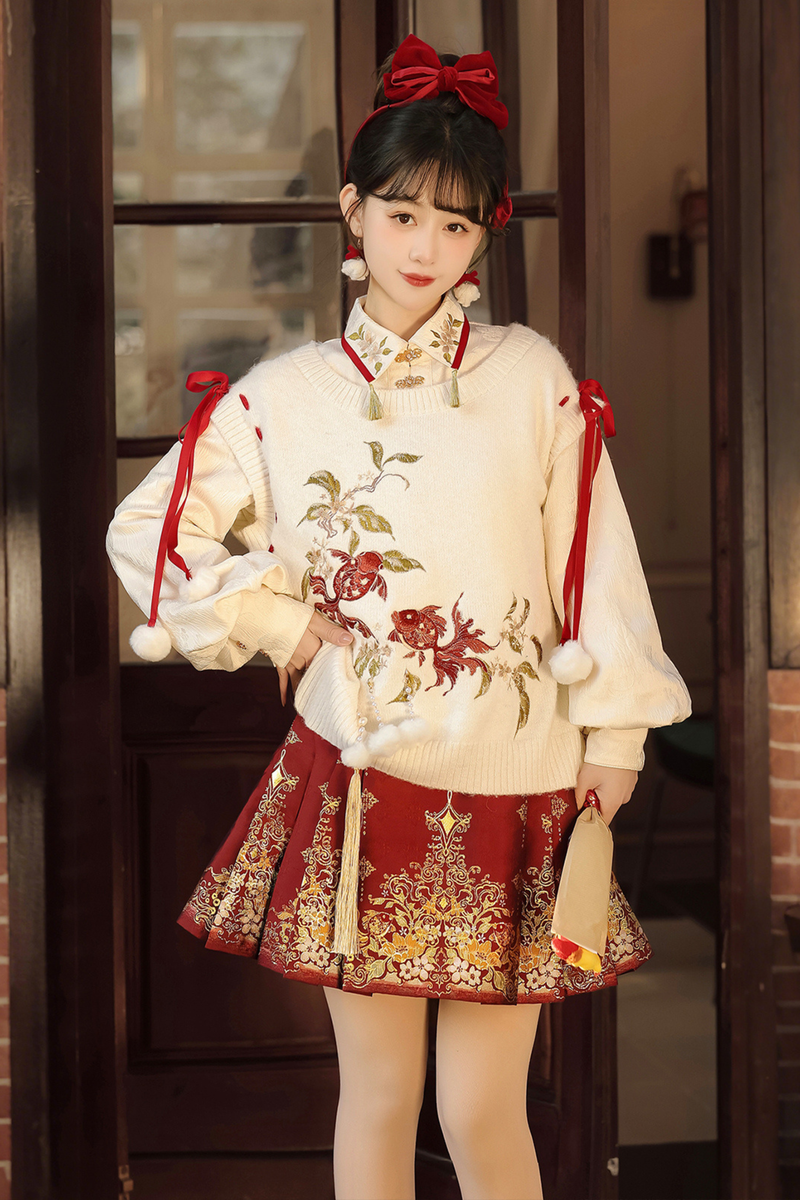 China Snow Knit Vest + Shirt + Skirt