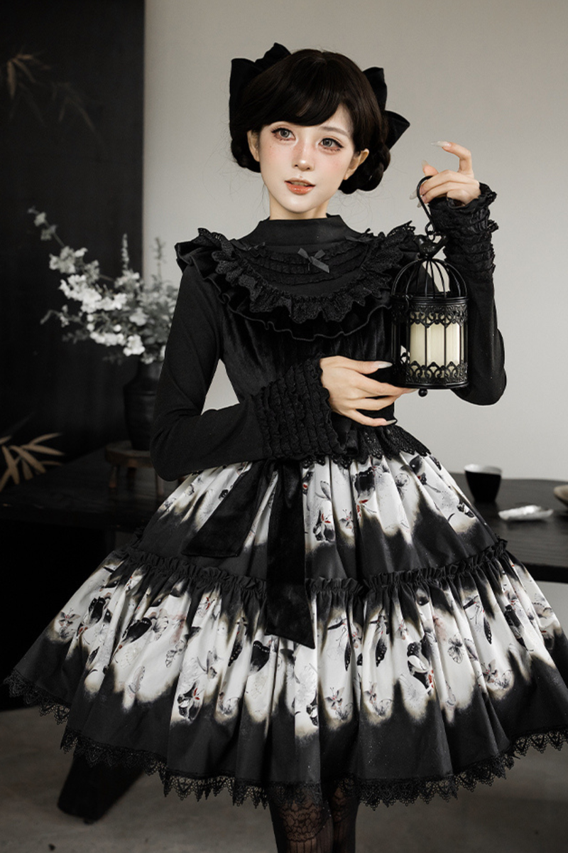 Butterfly Print Swing Lolita Dress + Jumper Skirt + Hairband + Innerwear + Ribbon