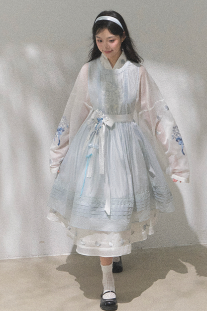 Pure White Chinese Dress + Cover Apron + Belt