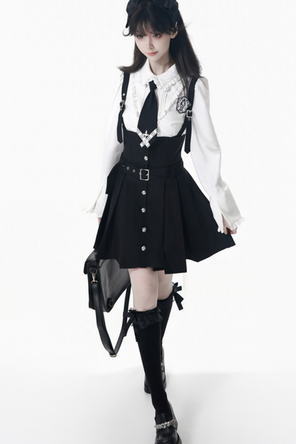 College Jacket + Suspender Skirt + Blouse + Tie