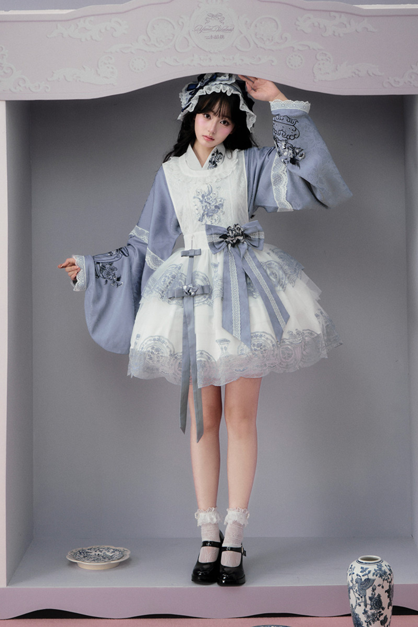 Chinese-style Jacket + Skirt + Overskirt + Ribbon + Brooch + Headband
