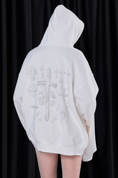Big Cross Design Loose Hooded Sweatshirt