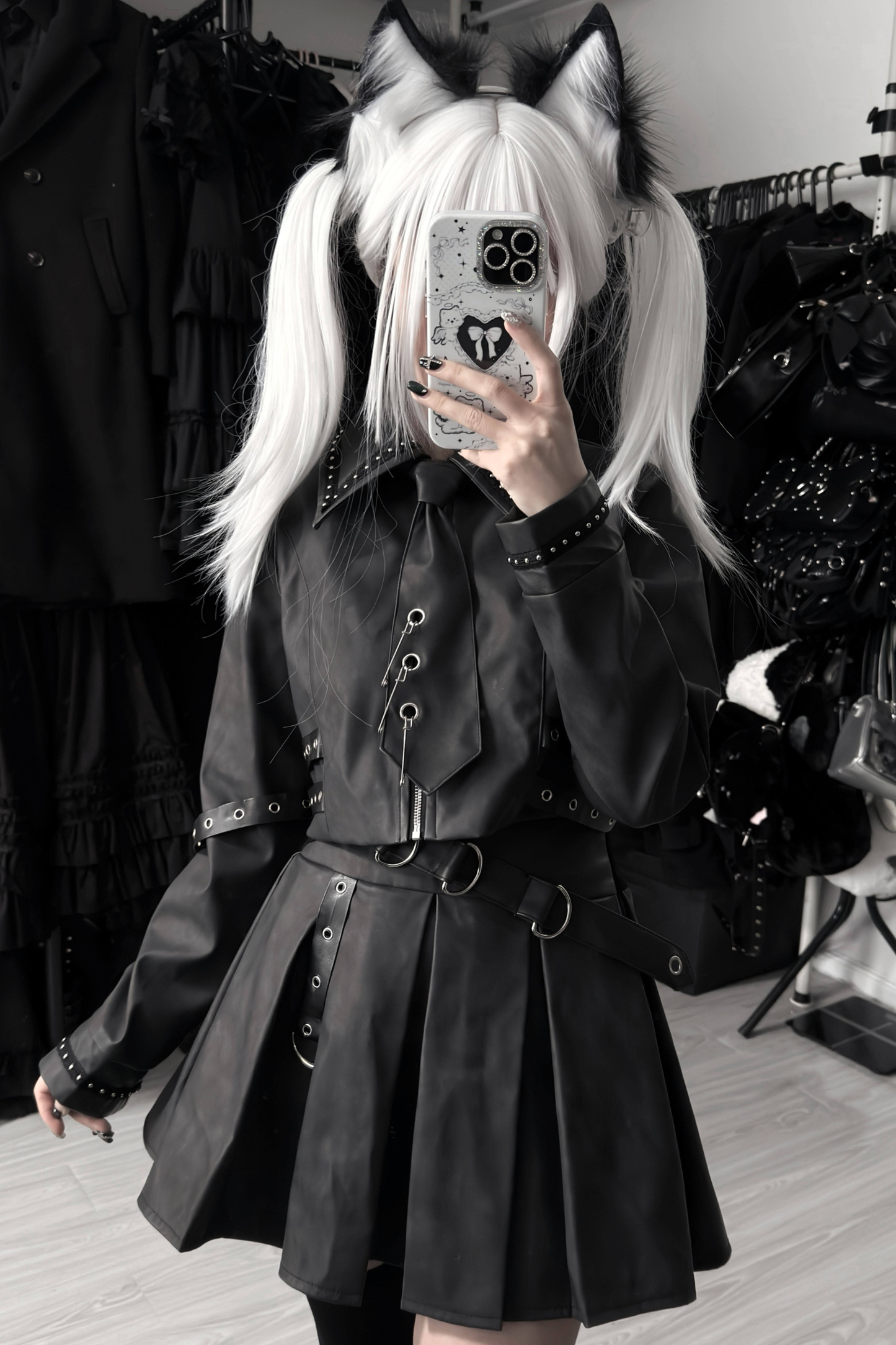 Gothic Matte Leather Dark Girl Top + Skirt