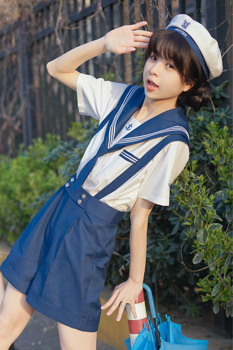 Sailor Shirt + Suspender Shorts + Tie + Beret