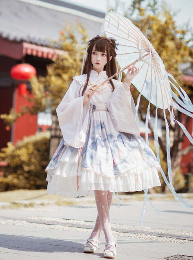 Layered Ruffle Kimono Dress With Attached Collar