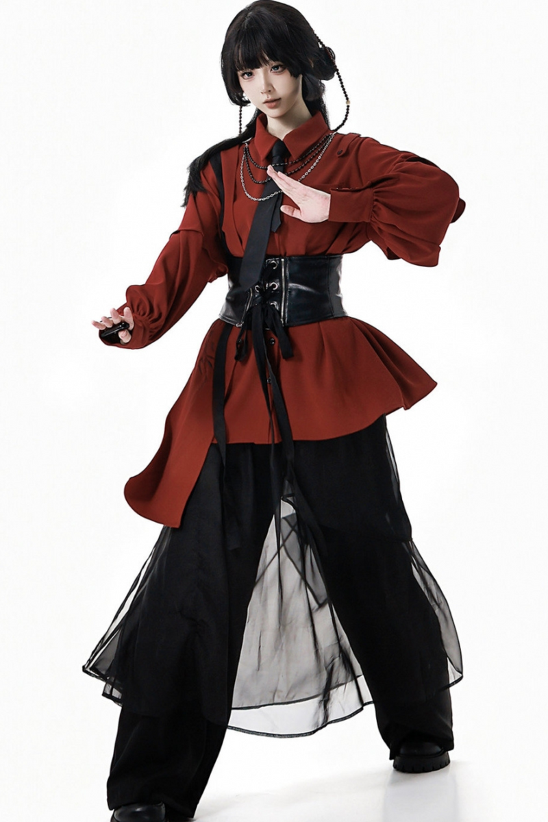 Chinese-style Top + Chiffon Pants + Corset