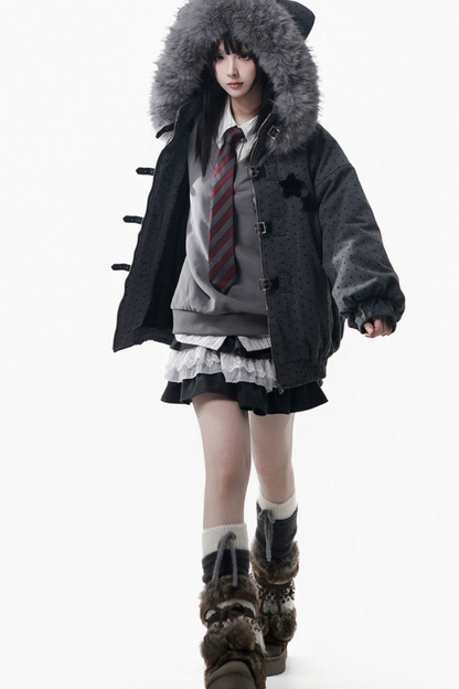 Big Fur Collar Jacket + Top + Skirt + Pants + Plaid Hooded Jacket